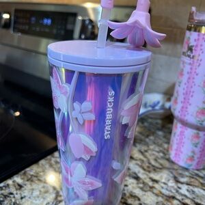 Starbucks Purple and Pink Floral Tumbler with Flower Straw